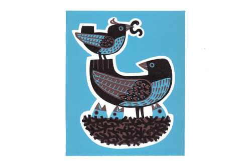 Linocut print “Early Bird”, by Linda M Farquharson.