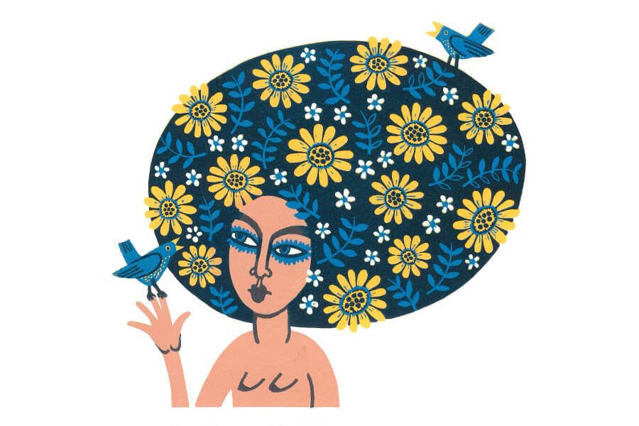 Linocut print “Flowerhead”, by Linda M Farquharson.