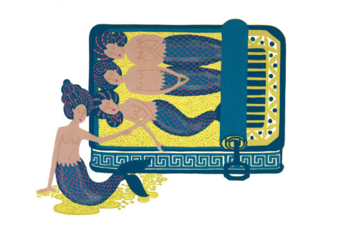 Linocut print “Uncanned”, by Linda M Farquharson.